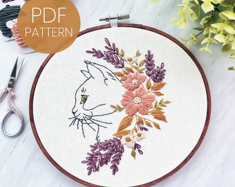 PDF Embroidery Pattern - Floral Cat - Step By Step Beginner Embroidery Pattern - embroidery design