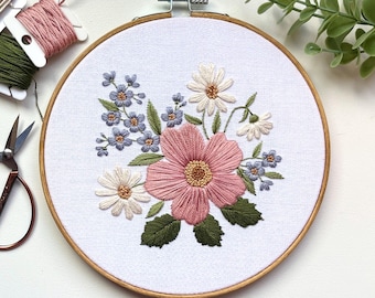Floral Hand Embroidery Hoop Art: Pink Wildflowers, 7" Stitched Decor