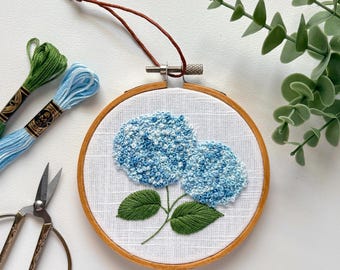 Blue Hydrangea Stem embroidery hoop, floral home decor, finished embroidery, wall art