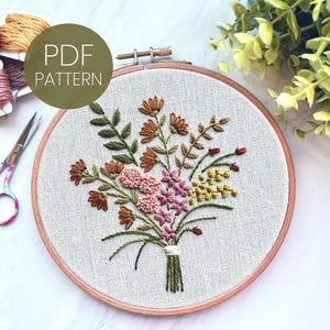 Wildflowers Bouquet embroidery pattern, Step By Step Beginner Embroidery Pattern PDF, embroidery design