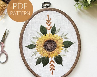 PDF Embroidery pattern, Oval Sunflower, step-by-step pdf pattern, beginner embroidery pattern pdf, DIY embroidery