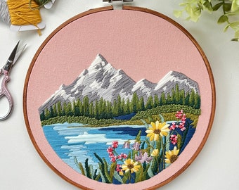 Mt Rainier in Spring embroidery hoop art, mountain embroidery, home decor, embroidery design, finished embroidery