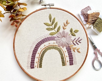 Boho rainbow and floral embroidery hoop art, nursery wall décor, finished embroidery