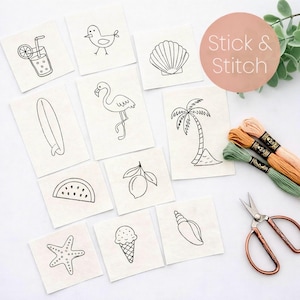 Summer Fun Stick and Stitch Embroidery Designs, Water Soluble Patterns for clothing, wash away transfer stickers