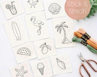 Summer Fun Stick and Stitch Embroidery Designs, Water Soluble Patterns for clothing, wash away transfer stickers