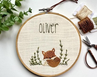Personalized Baby Fox Embroidery Hoop Art: Woodland Nursery Decor