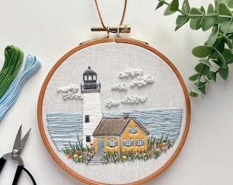 Seaside Scene lighthouse embroidery hoop art, finished handmade embroidery, 5” beechwood hoop, coastal decor