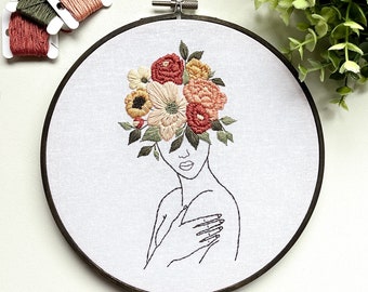 Floral woman embroidery hoop, finished flowers embroidery, embroidery hoop design, home decor wall art