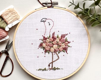 Floral Pink Flamingo Embroidery Hoop Art: Hand-Stitched nursery Decor, girl bedroom wall hanging