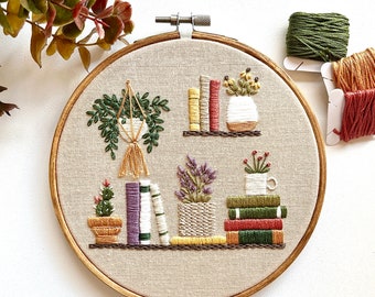 Cozy Corner books and plants embroidery hoop, finished embroidery, plants embroidery, home decor, book lovers, plant lovers