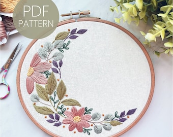 PDF Embroidery Pattern, Floral Crescent Moon, Step By Step Beginner Embroidery Pattern, embroidery design