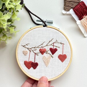 Hearts on a branch embroidery hoop, home decor, finished embroidery wall art image 3