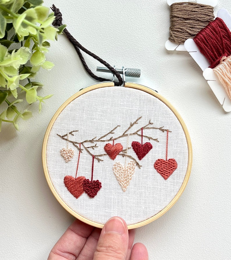 Hearts on a branch embroidery hoop, home decor, finished embroidery wall art image 3