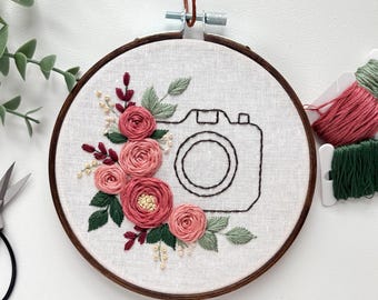 Floral Camera finished embroidery hoop, embroidered roses, fiber art home decor, wall hanging