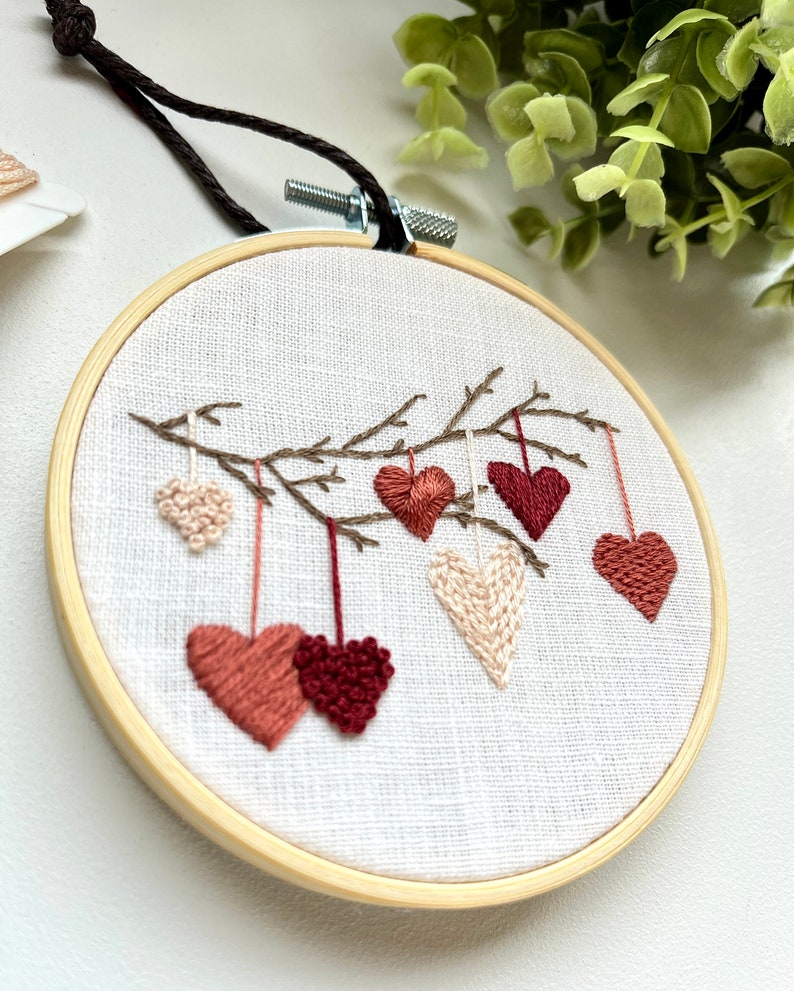 Hearts on a branch embroidery hoop, home decor, finished embroidery wall art image 5