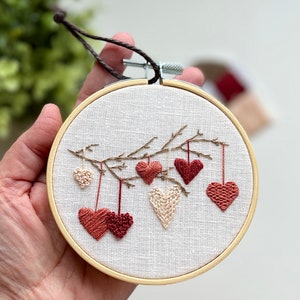 Hearts on a branch embroidery hoop, home decor, finished embroidery wall art image 2