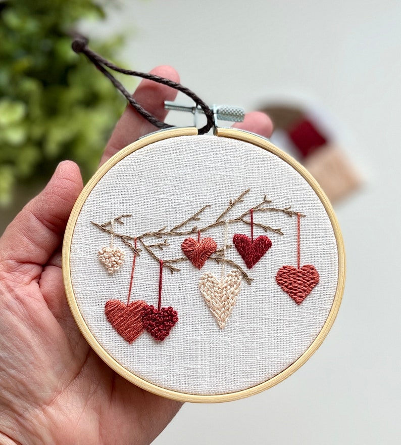 Hearts on a branch embroidery hoop, home decor, finished embroidery wall art image 2