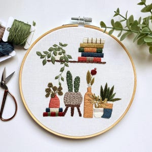 Books and Plants Embroidery Hoop, Cozy Corner Decor, 7"