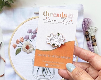 White Lilies Enamel Needle Minder, embroidery, cross stitch, magnetic needle holder, stitching accessory