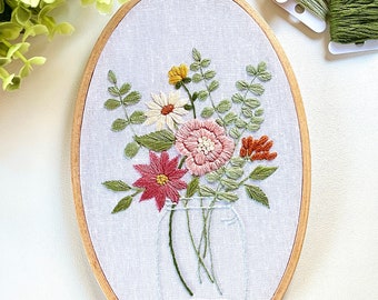 Mason jar full of flowers embroidery hoop art, modern home decor, floral wall hanging