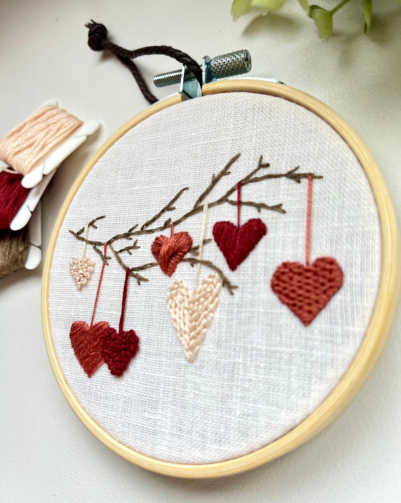 Hearts on a branch embroidery hoop, home decor, finished embroidery wall art image 4