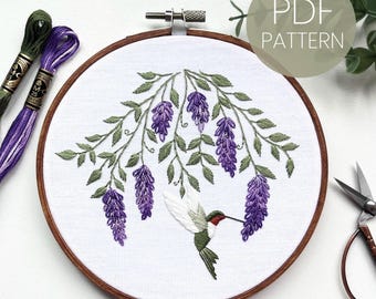 Wisteria and Hummingbird Embroidery Pattern, Beginner DIY (PDF Pattern)
