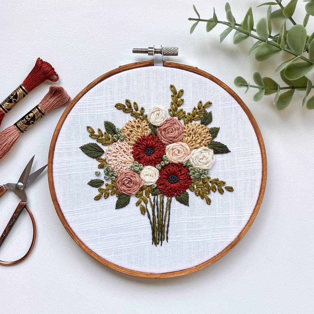 Cottage Garden Bouquet Embroidery Hoop | Embroidered Flower Wall Art ...