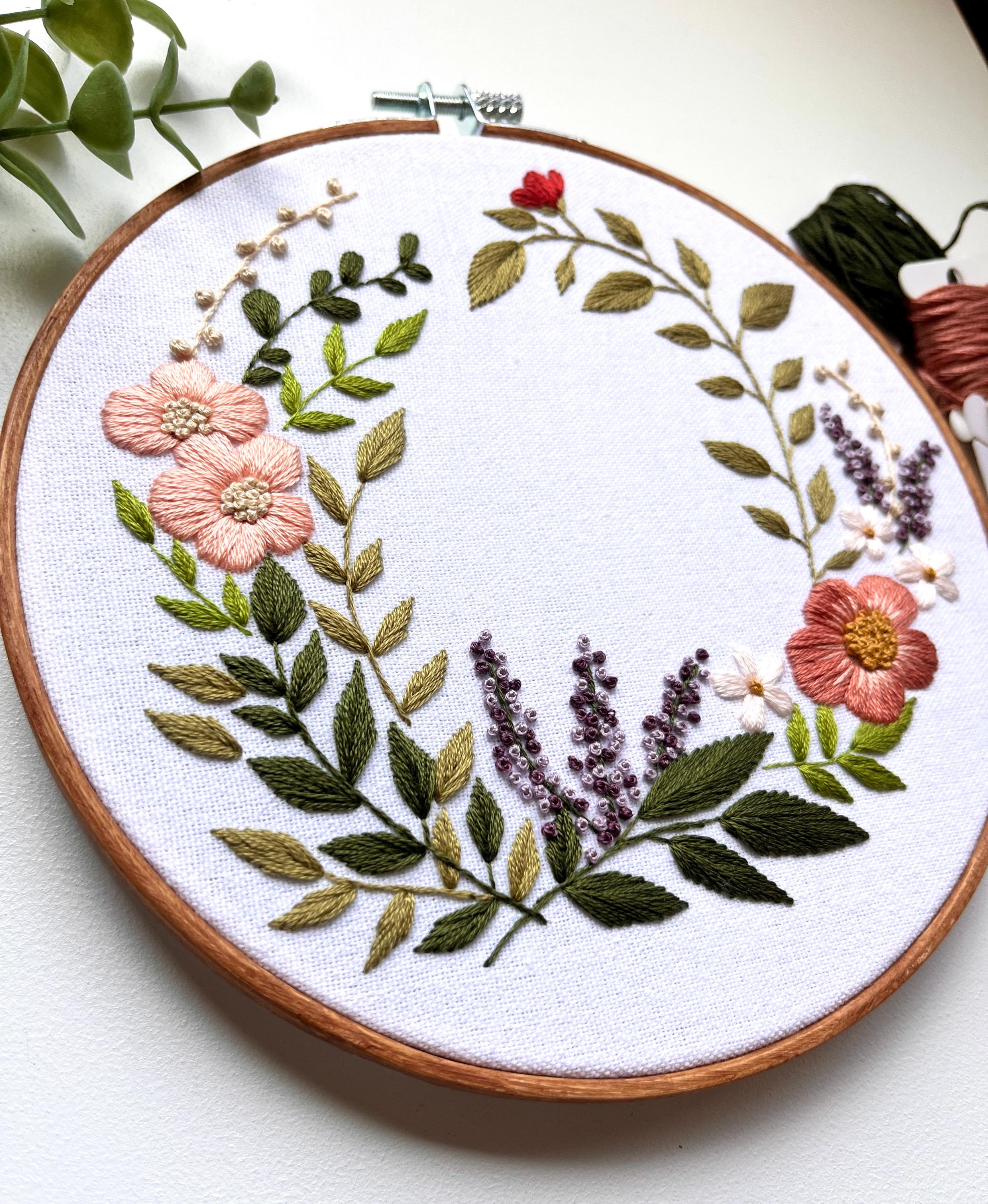Hand Embroidered Floral Wreath Hoop Art – 7” Botanical Wall Decor ...
