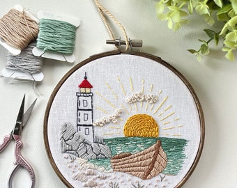 Pacific Coast lighthouse embroidery hoop, beach embroidery, home decor, finished embroidery wall art