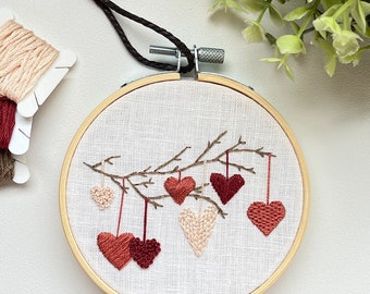 Hearts on a branch embroidery hoop, home decor, finished embroidery wall art