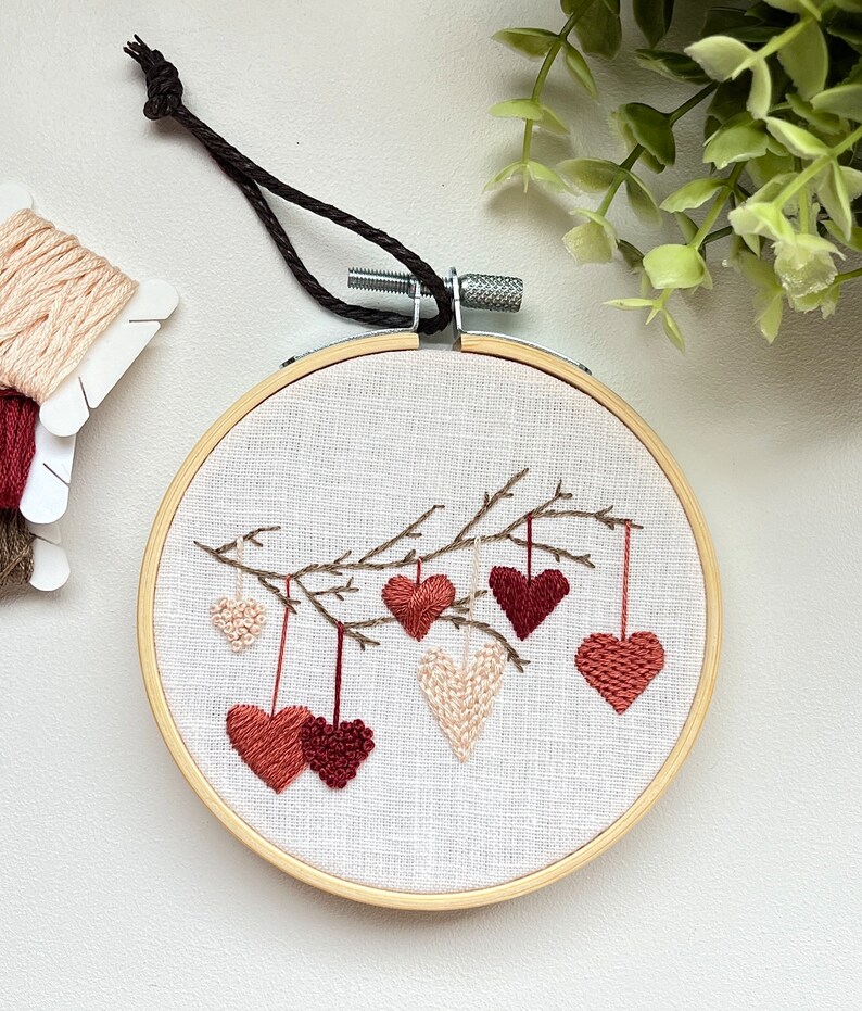 Hearts on a branch embroidery hoop, home decor, finished embroidery wall art image 1