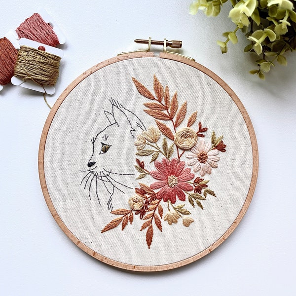 Floral Cat 2 embroidery hoop, finished embroidery, wall art, modern embroidery, cat lover, home decor