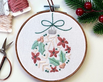 Coral and Mint Christmas Ornament finished embroidery hoop, holly and berries, holiday home decor, wall hanging