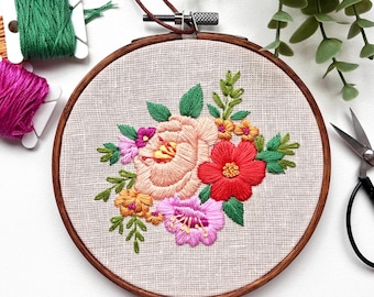 Vibrant Flowers Embroidery Hoop Art: Hand-Stitched Floral Wall Hanging