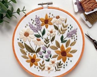 Hand-Stitched Floral Embroidery Hoop Art, Daisies Lavender Wildflowers, Home Decor Wall Hanging