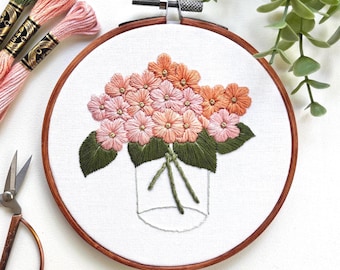 Pink Hydrangeas Embroidery Hoop: Hand-Stitched Floral Wall Decor (5.5")