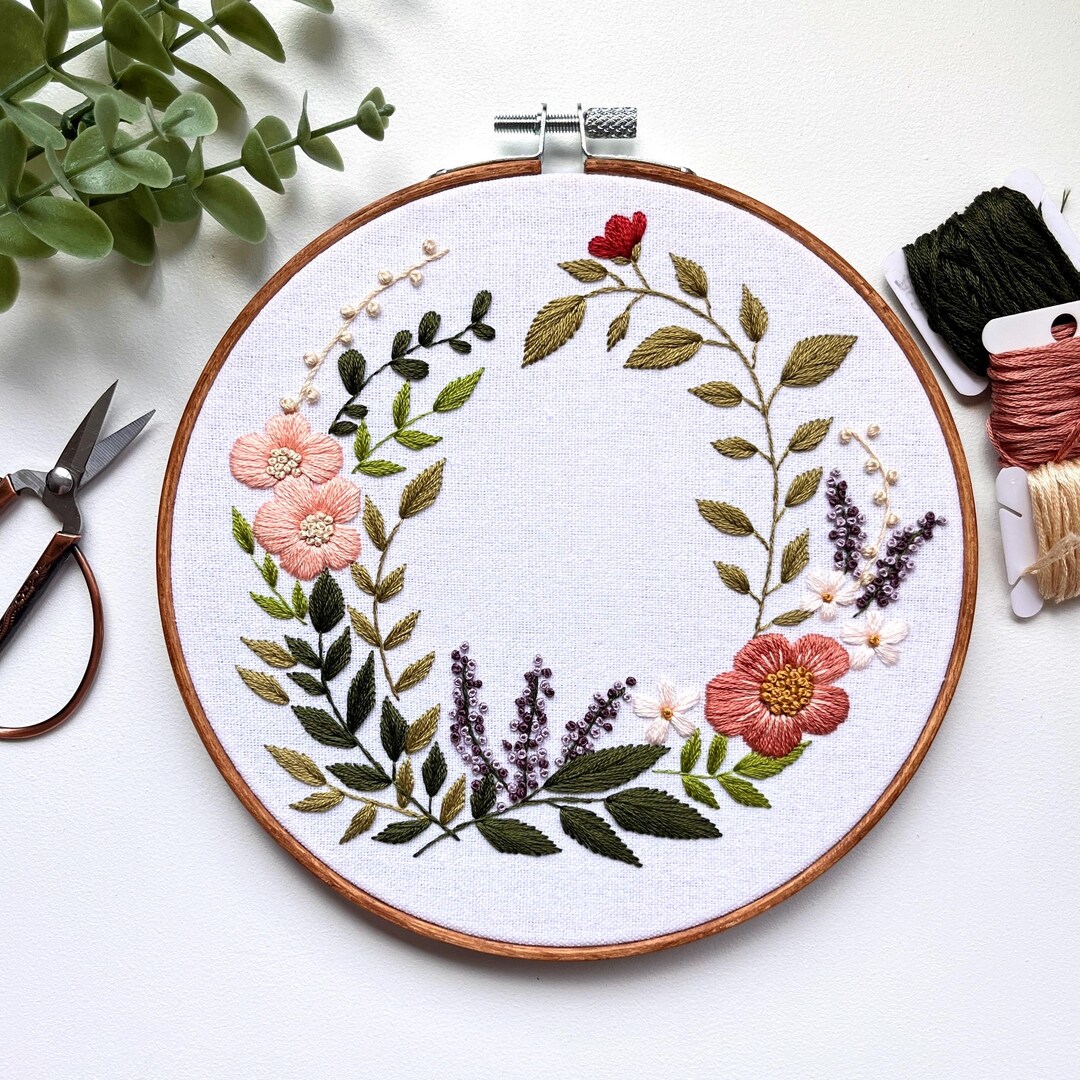 Hand Embroidered Floral Wreath Hoop Art – 7” Botanical Wall Decor ...