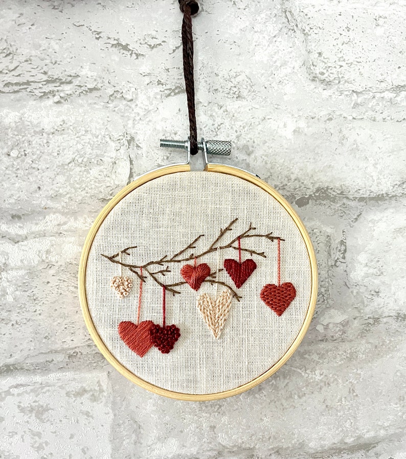 Hearts on a branch embroidery hoop, home decor, finished embroidery wall art image 7