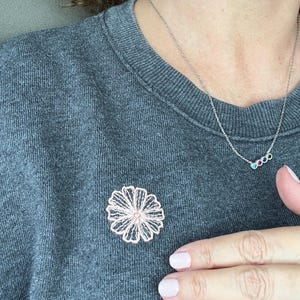 Puede incluir: Un broche de flores calado rosa claro prendido a una sudadera gris. Tambi&eacute;n se ve un delicado collar de plata con tres peque&ntilde;as piedras preciosas de colores. El broche es de dise&ntilde;o floral, y el collar es de estilo sencillo y elegante.