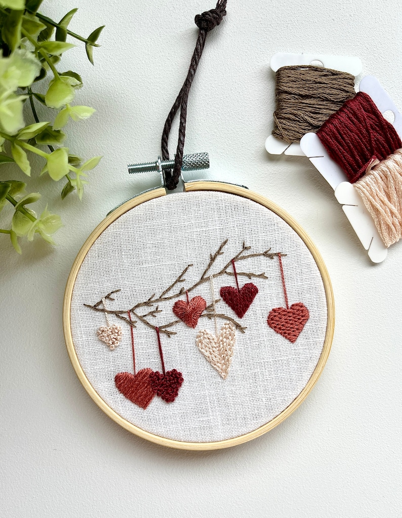 Hearts on a branch embroidery hoop, home decor, finished embroidery wall art image 8