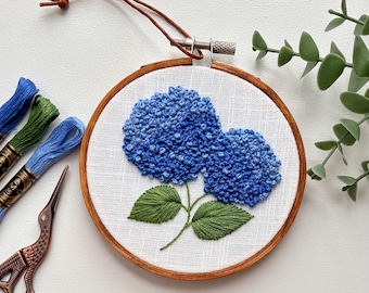 Blue Hydrangea Stem embroidery hoop, floral home decor, finished embroidery, wall art