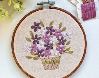 Basket of blooms embroidery hoop, floral embroidery, home decor, finished embroidery wall art