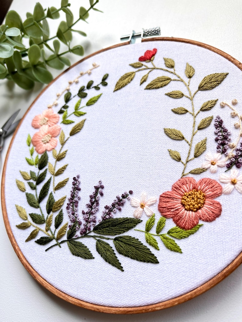 Hand Embroidered Floral Wreath Hoop Art – 7” Botanical Wall Decor ...