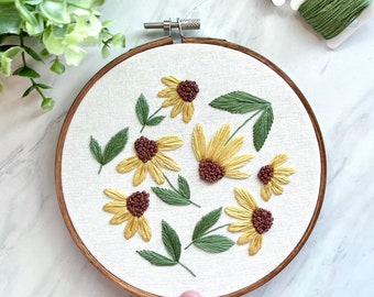 Yellow Coneflowers finished embroidery hoop, sunflowers, modern embroidery, floral embroidery, home decor, wall art