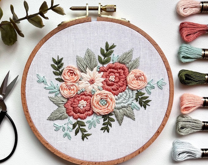 Blush & Mint Floral Bouquet Embroidery Hoop | Embroidered Flower Wall ...