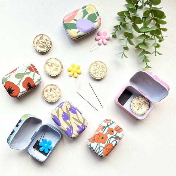 Floral Mini Sewing Kit: Magnetic Needle Minder Tin