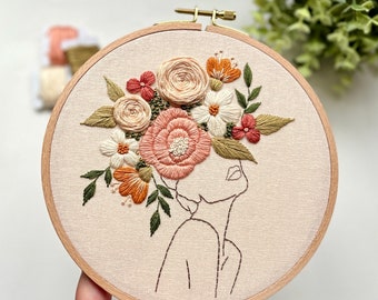 Floral lady embroidery hoop, finished floral embroidery, embroidery hoop design, home decor, wall art