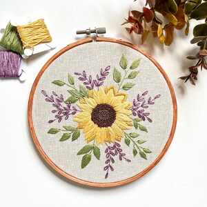 Sunflower and lavender embroidery, finished embroidery hoop, floral embroidery, home decor, wall hanging