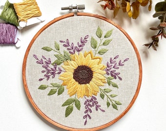 Sunflower and lavender embroidery, finished embroidery hoop, floral embroidery, home decor, wall hanging