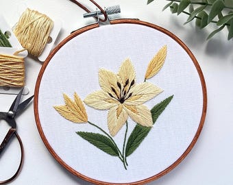 Yellow Lily Embroidery Hoop Art: Modern Floral Wall Hanging
